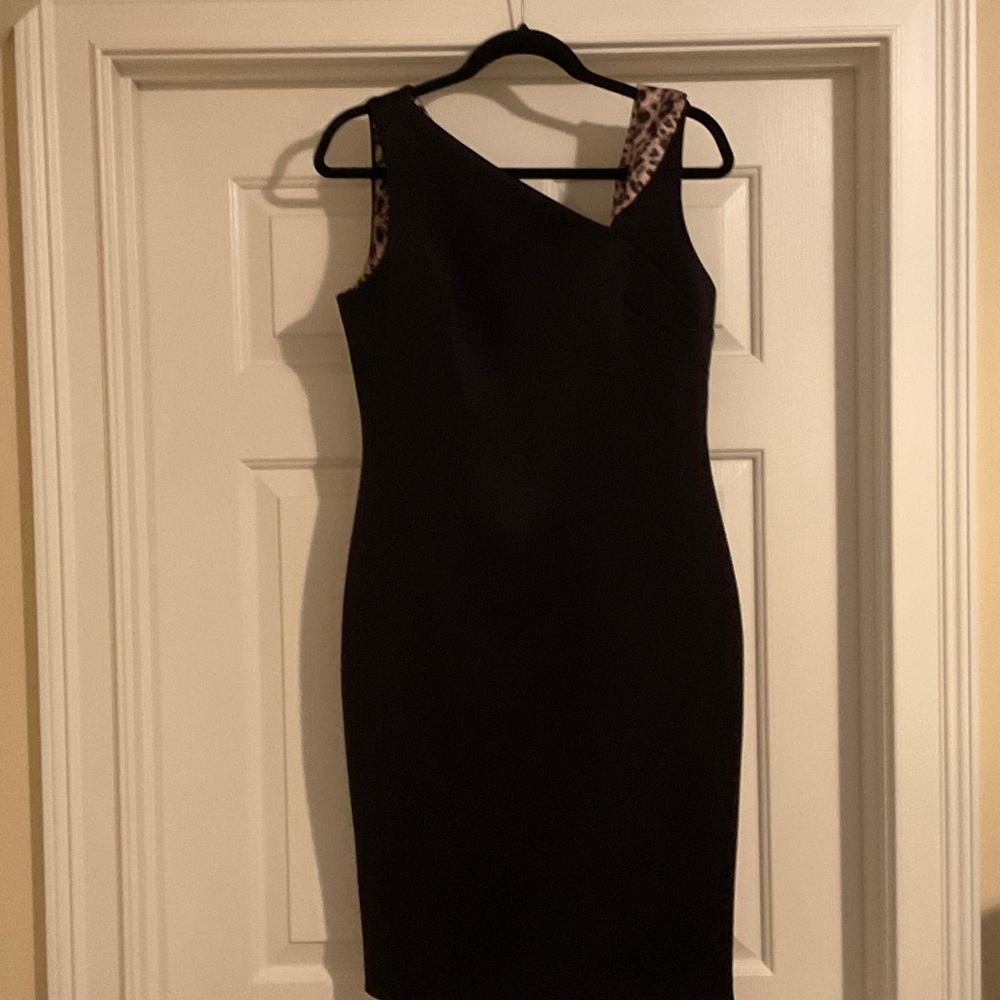 Calvin Klein Black One-Shoulder Dress with Leopard Accent